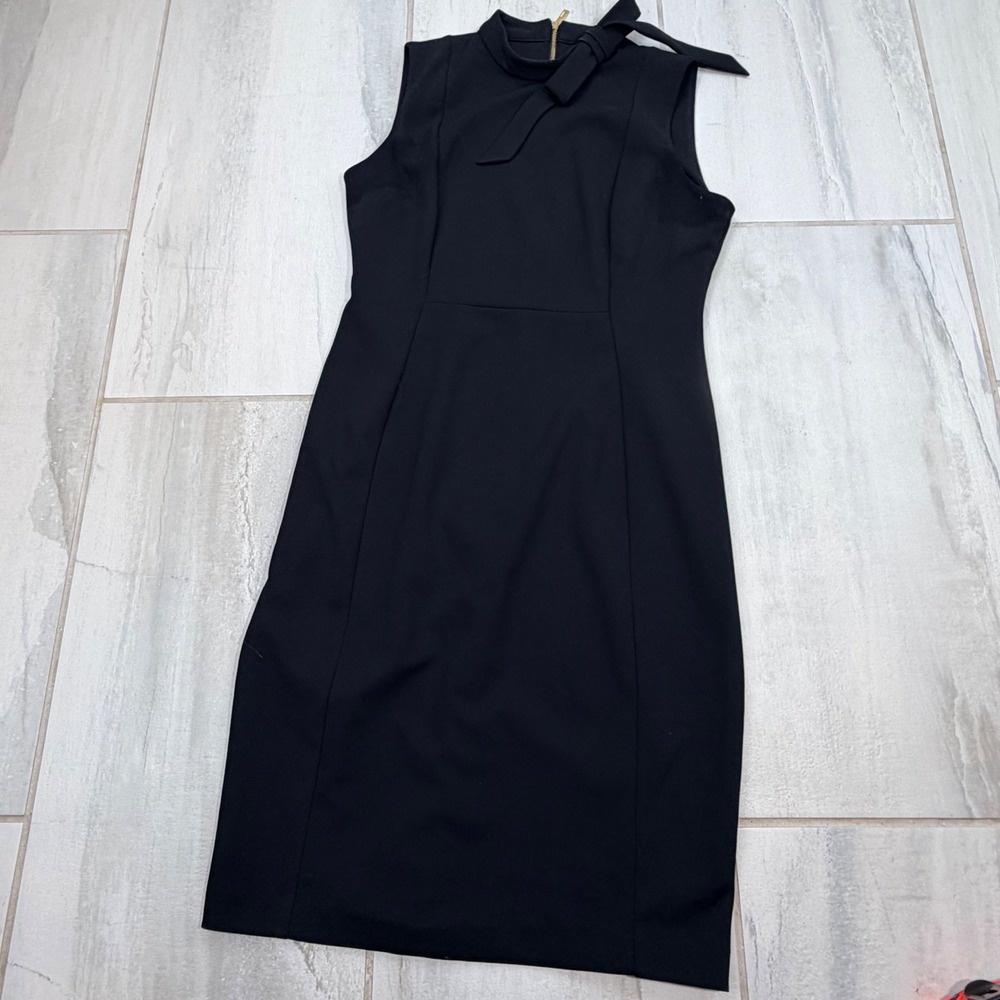Calvin Klein Black Mock Neck Tie Sleeveless Sheath Dress Size 8 Gold Zipper